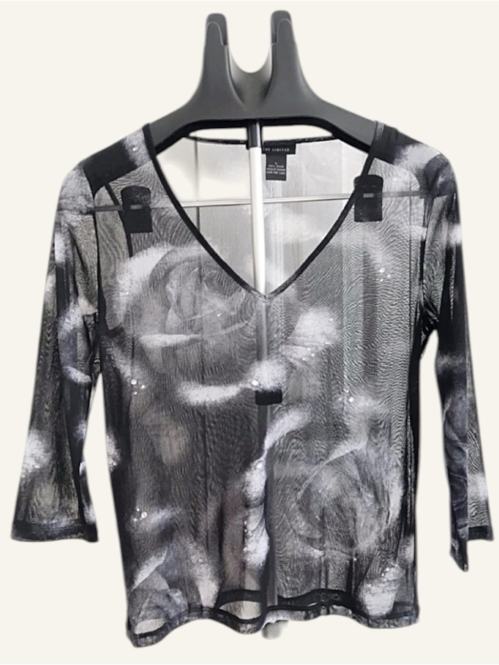 THE LIMITED Embellished Sheer Floral Top | Black Gray Rose Print | Sz Large
